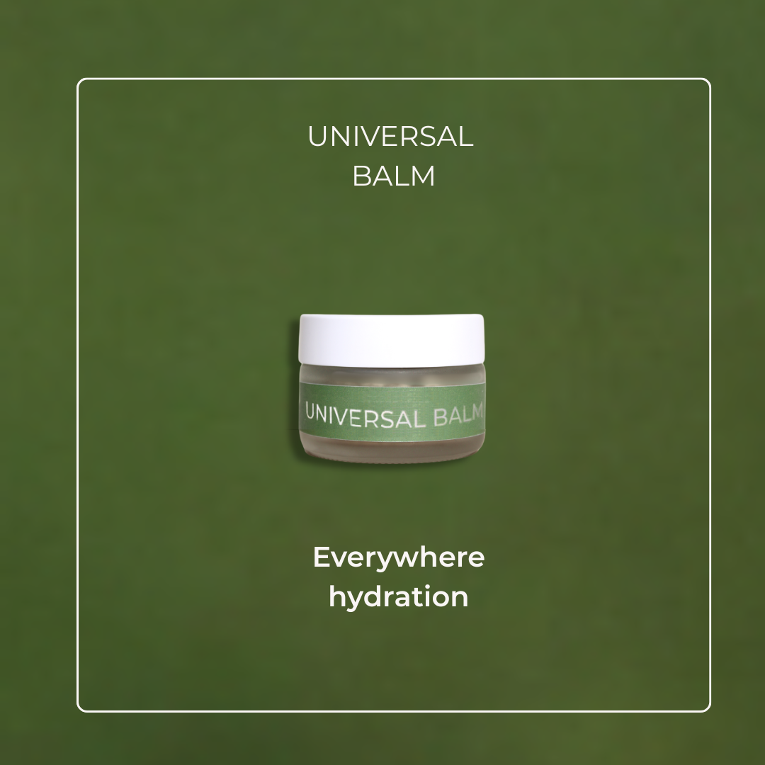 Universal balm jar with text on a green background