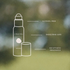 Outline of a bottle with text indicating features on a blurred natural background