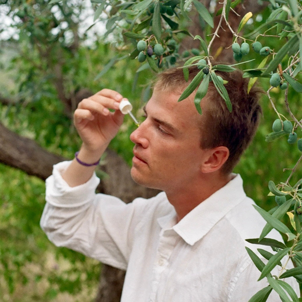 Man in a white shirt examining a bottle of olive oil outdoors with olive trees in the background