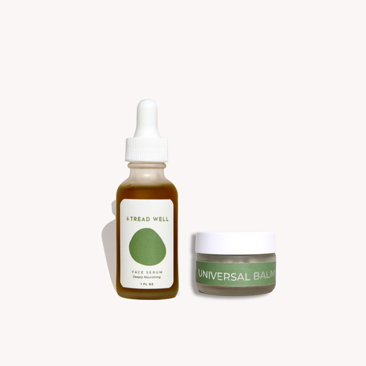 Tread Well face serum bottle and Universal Balm jar on a white background