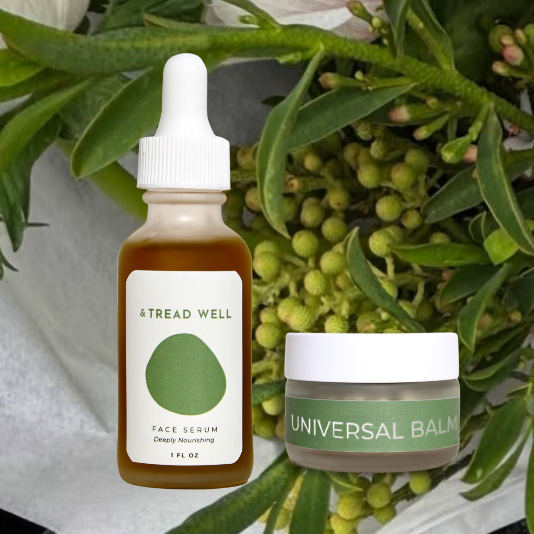 Tread Well skincare products with a dropper bottle and jar on a green leafy background