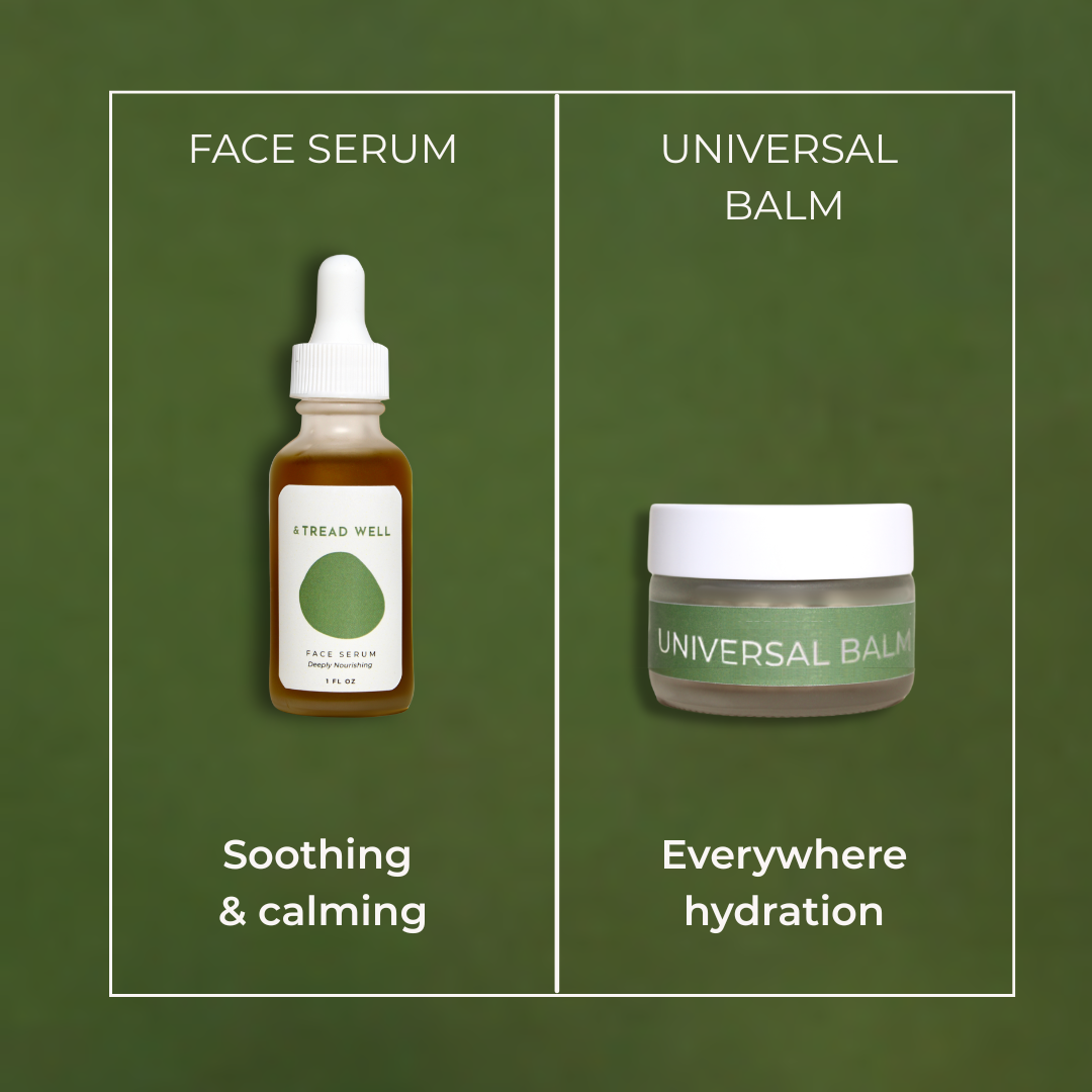 Two skincare products, a face serum and a universal balm, on a green background with text describing their uses.
