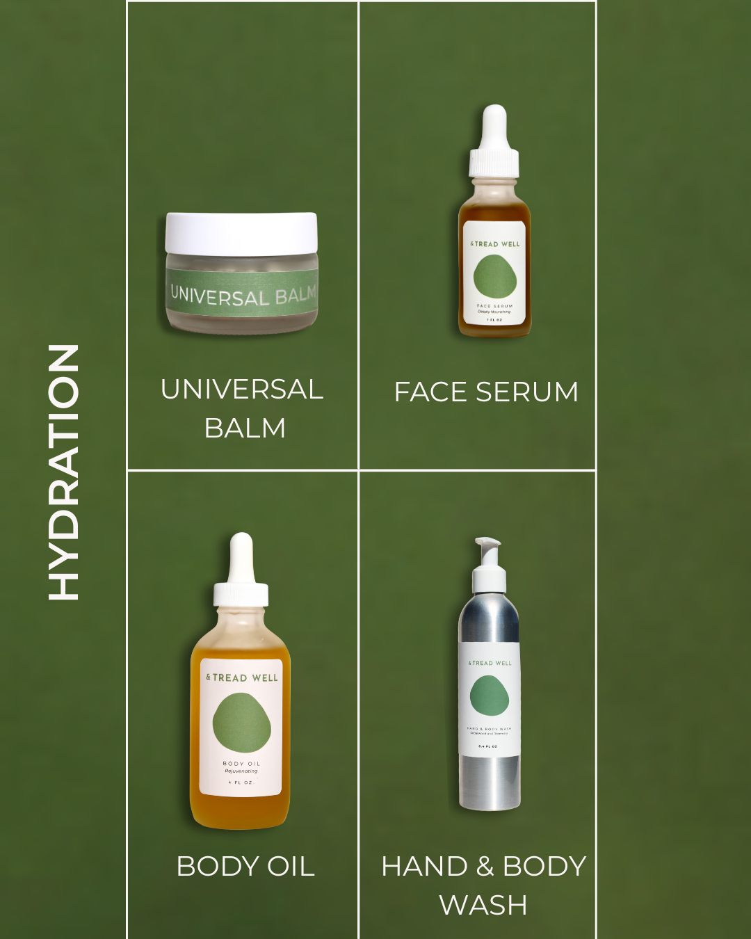 Four skincare products on a green background with labels for 'Universal Balm', 'Face Serum', 'Body Oil', and 'Hand & Body Wash'.