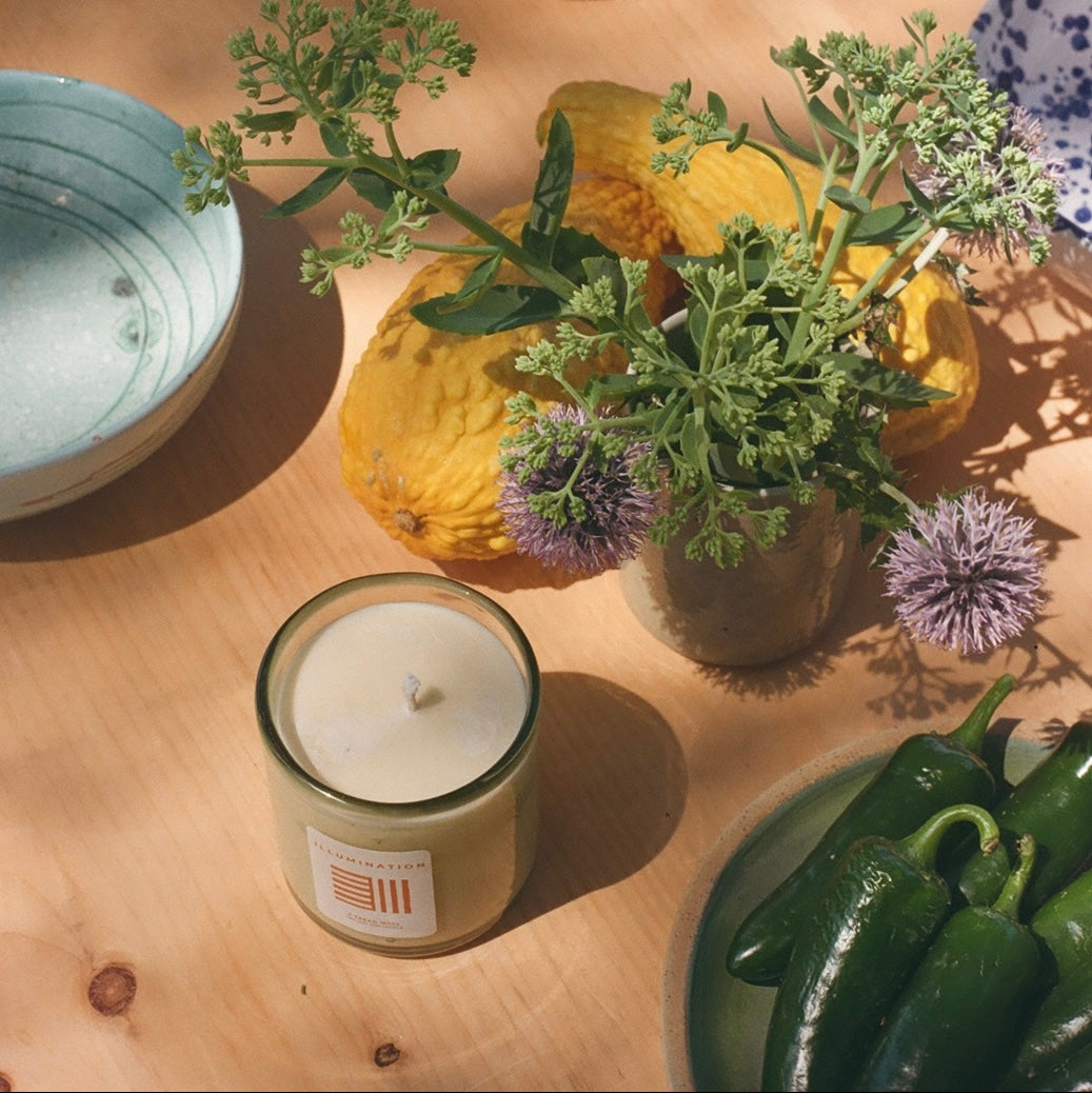 Candle, jars, and plants on a wooden table