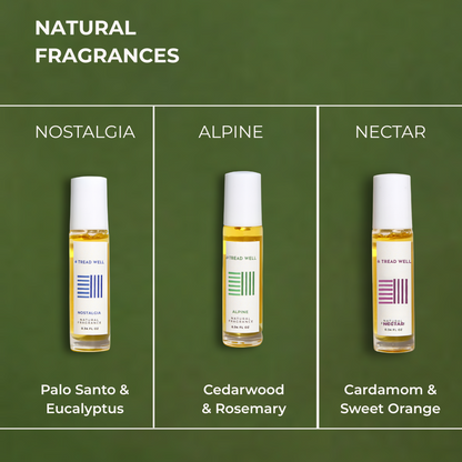 Three natural fragrance bottles labeled 'Nostalgia', 'Alpine', and 'Nectar' on a green background.