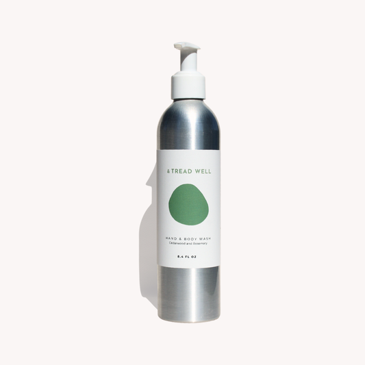 Bottle of hand and body wash with a white pump on a white background