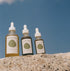 Three bottles of Thread Well products on a rock with a blue sky background