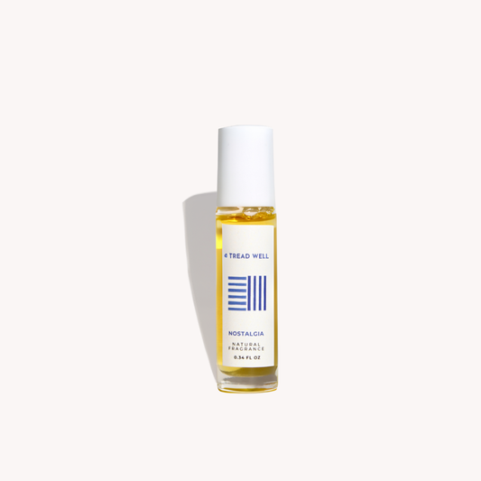 Perfume bottle labeled 'Nostalgia' by 'Tread Well' on a white background